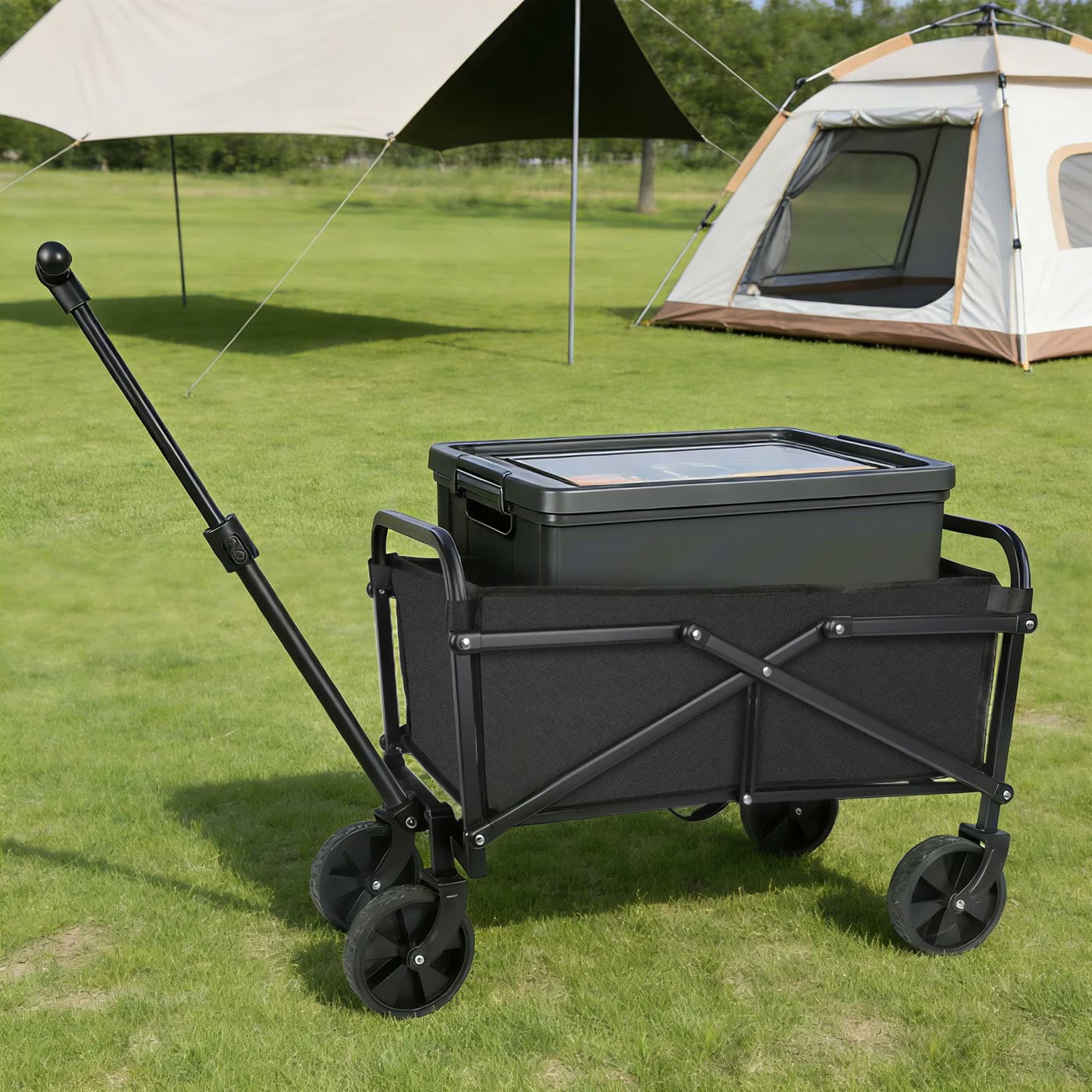 Chariot déplié en camping sous la tente