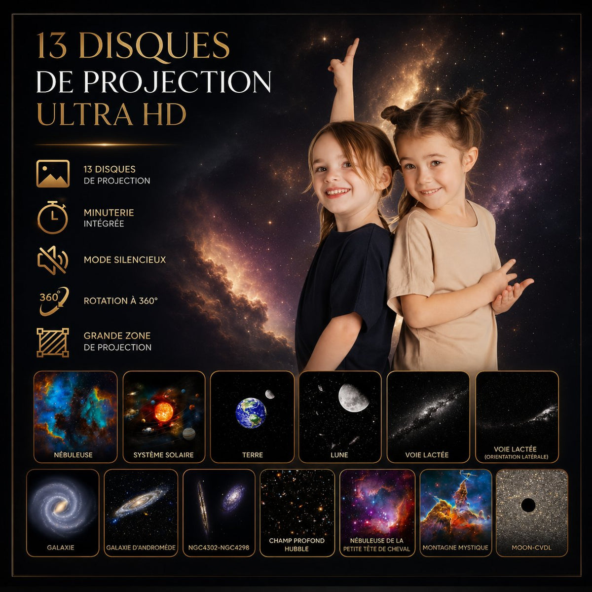 Les 13 disques de projection fournis : galaxies, nébuleuses, planètes, aurores