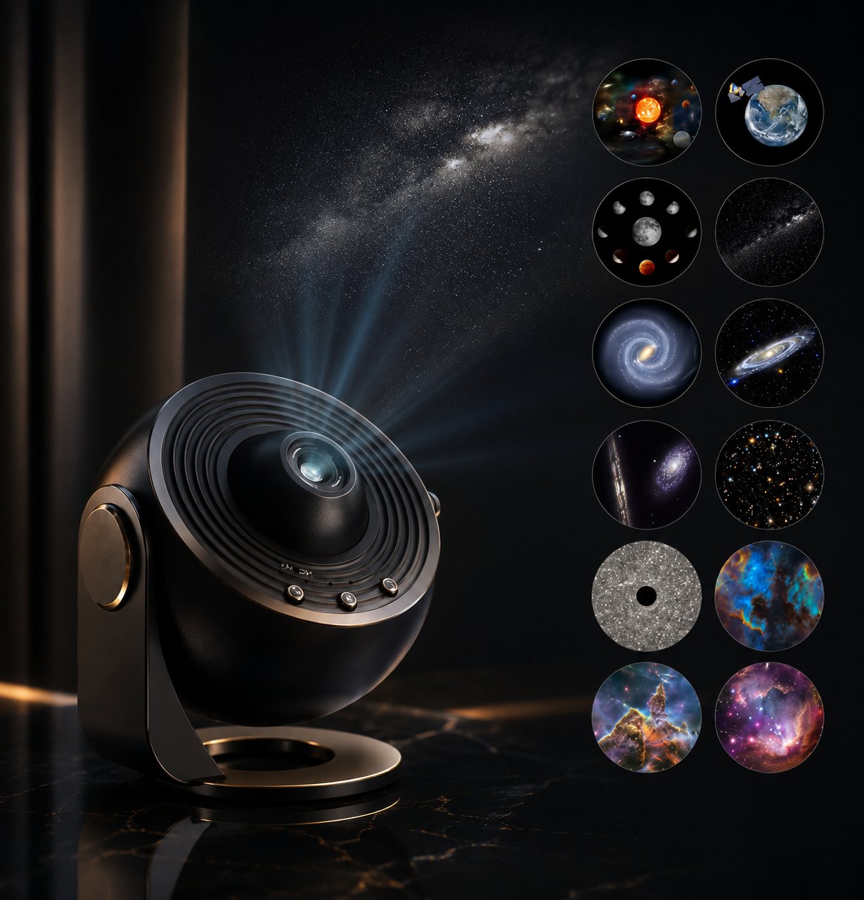 Projecteur galaxie allumé, nébuleuse projetée au plafond d'une chambre