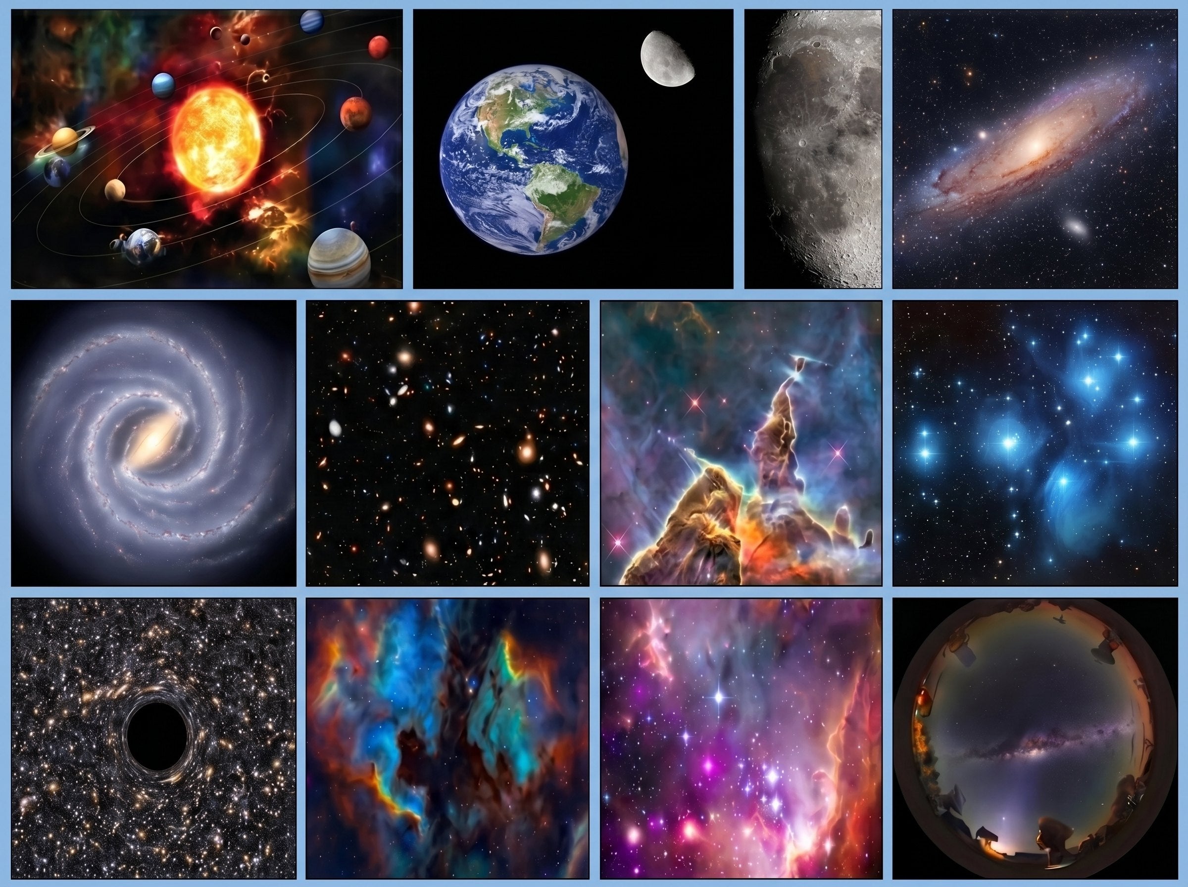 Les douze ciels projet&eacute;s : syst&egrave;me solaire, Terre et Lune, surface lunaire, galaxie d'Androm&egrave;de, Voie lact&eacute;e, champ profond, n&eacute;buleuses, amas d'&eacute;toiles, trou noir