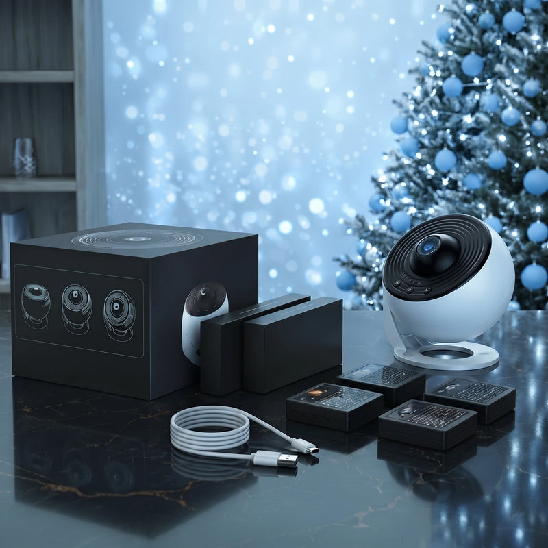 Contenu de la boite : le projecteur, son cable USB-C et les etuis des disques de projection
