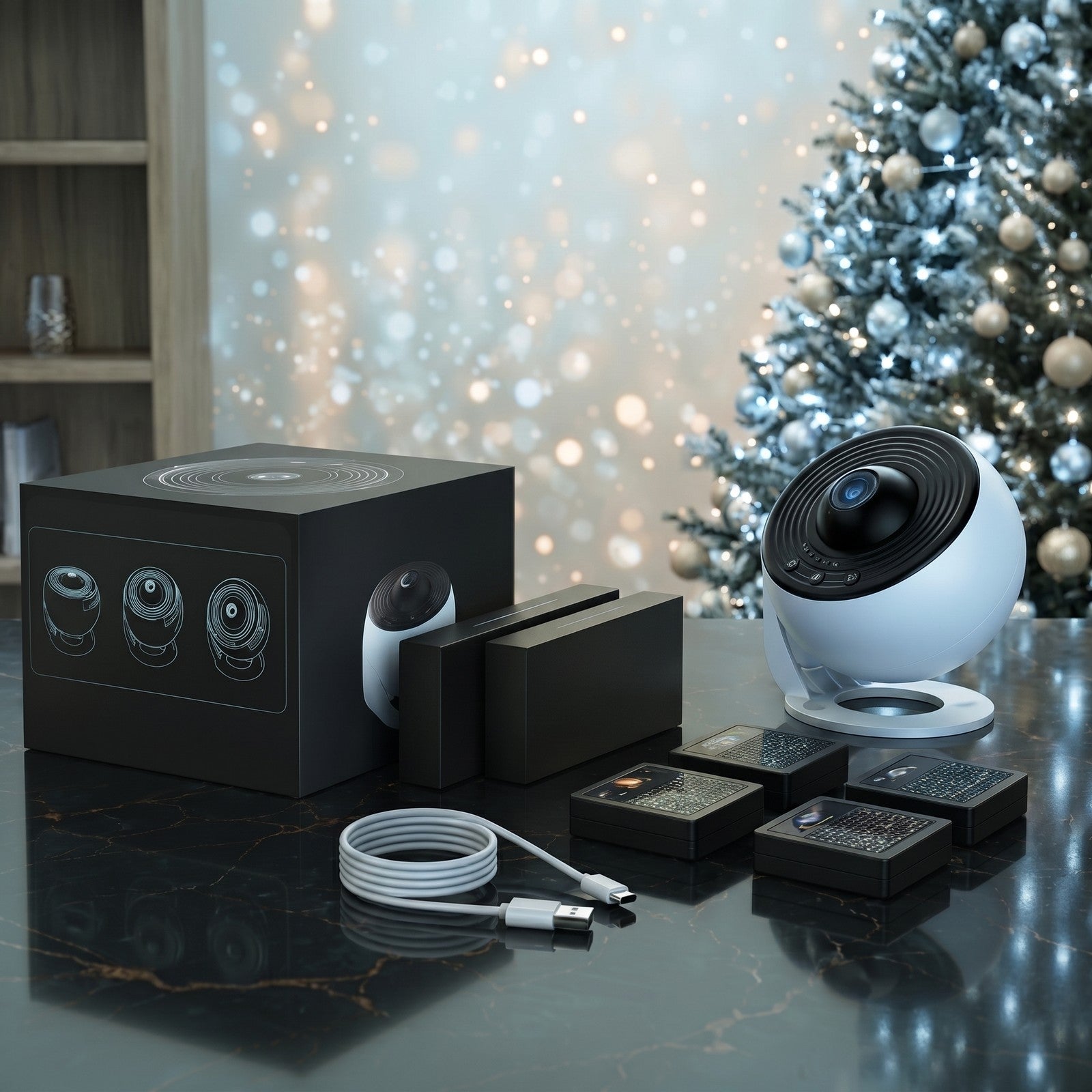 Contenu de la boite : le projecteur, son cable USB et les etuis des douze disques de projection