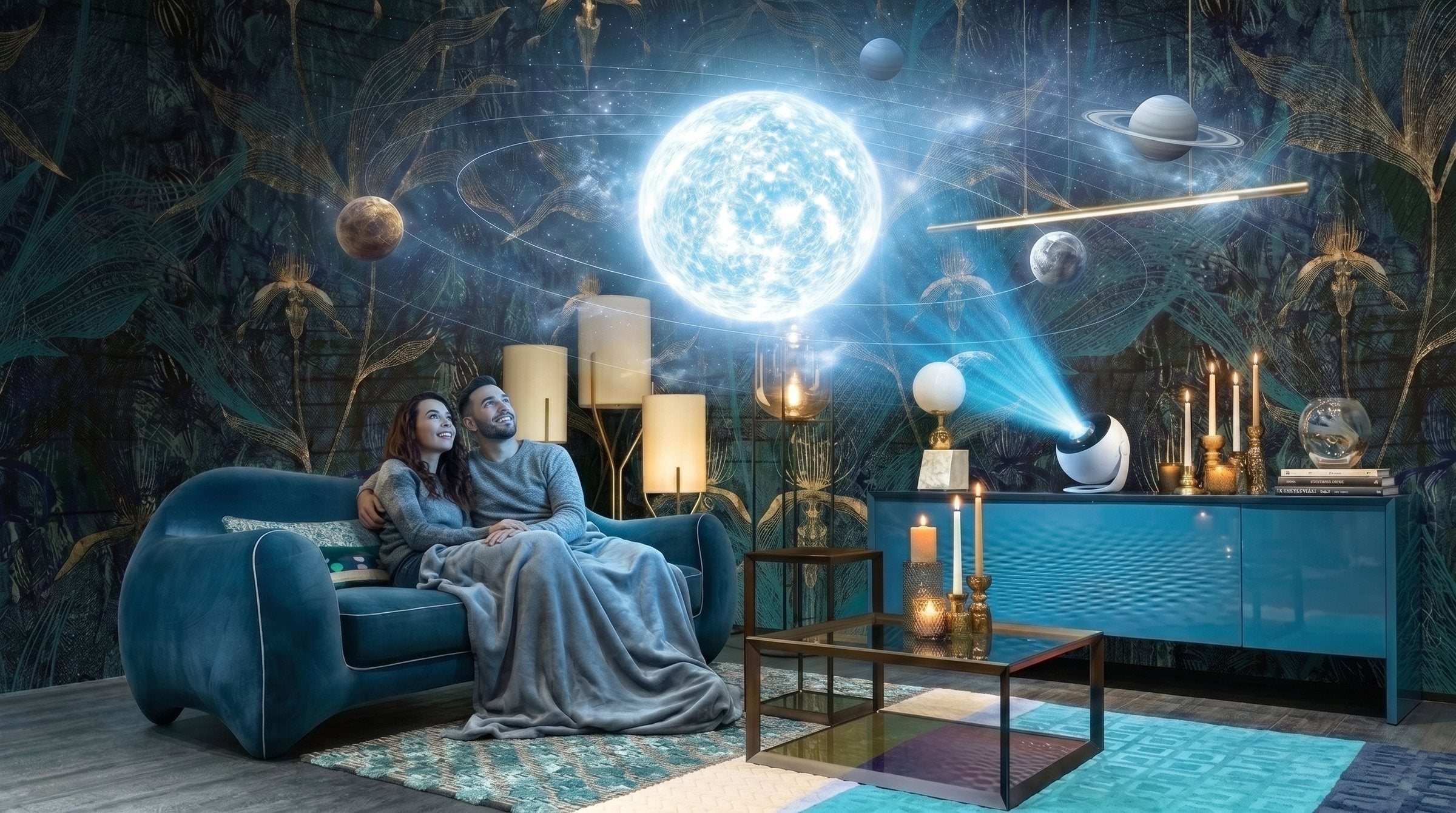 Couple sur un canap&eacute; dans un salon sombre, syst&egrave;me solaire projet&eacute; au plafond par le projecteur galaxie pos&eacute; sur le buffet