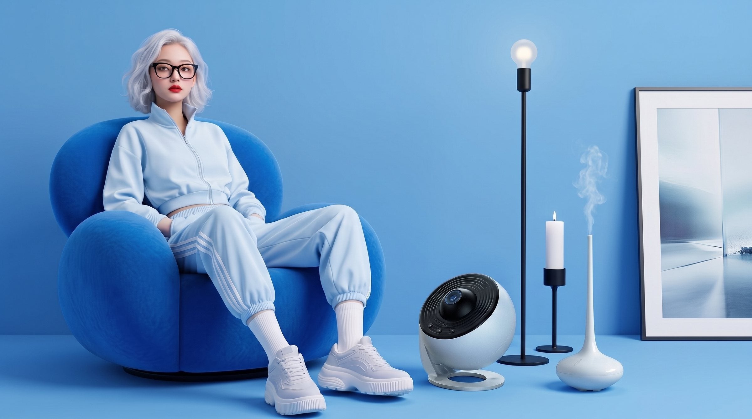 Salon bleu : un projecteur galaxie, un lampadaire noir, une bougie, un diffuseur et un cadre alignes pres d'un fauteuil