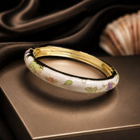 Jonc Cloisonné Émaillé à Fleurs — Bracelet Femme — Blanc ivoire