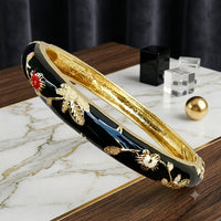 Jonc Cloisonné Émaillé à Fleurs — Bracelet Femme — Noir